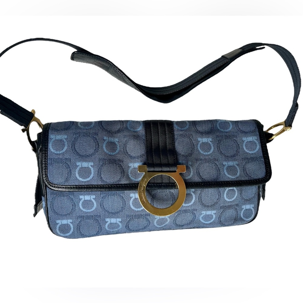 SALVATORE FERRAGAMO Gancini Shoulder Bag Canvas Blue